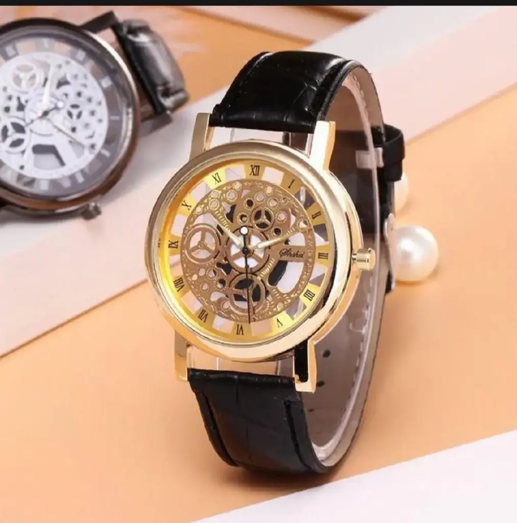 Stylish Leather Watch with Gold-Tone Stainless Dial & Black Strap Without Box