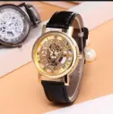 Stylish Leather Watch with Gold-Tone Stainless Dial & Black Strap Without Box
